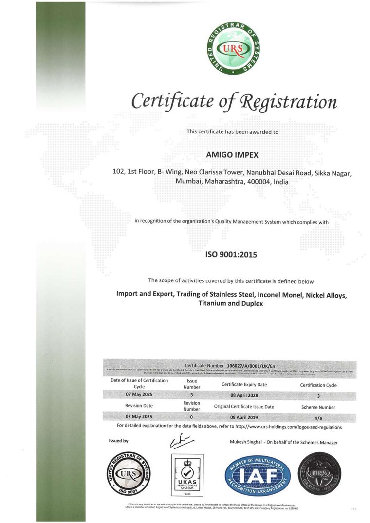 ISO 9001:2015 issued to Amigo Impex